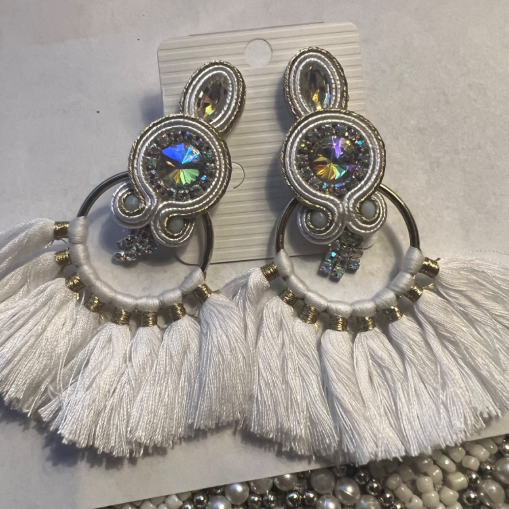 White Tassel Statement Earrings - image 1
